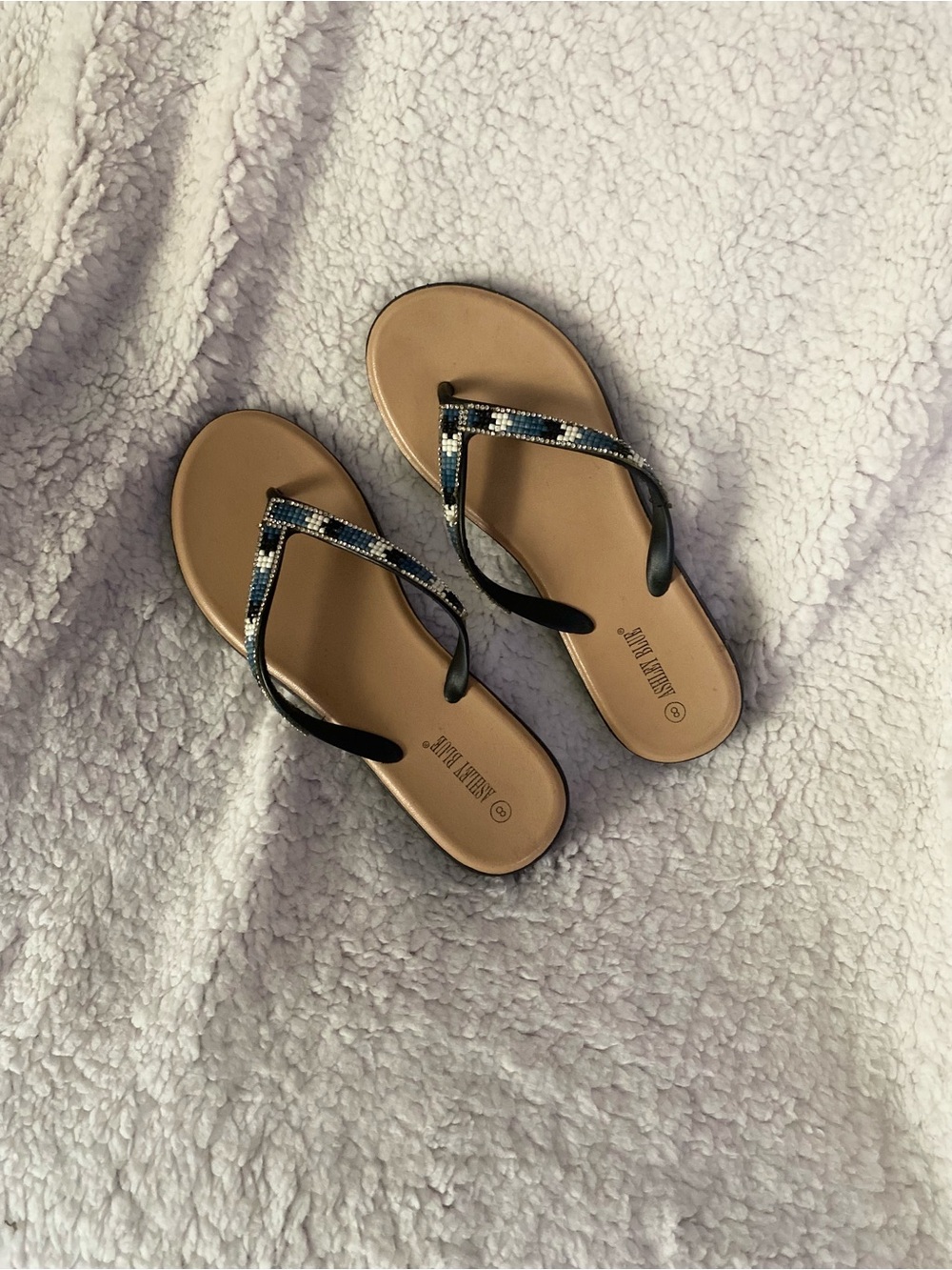 Ashley Blue Beaded Navy and Tan Flip Flop Sandals